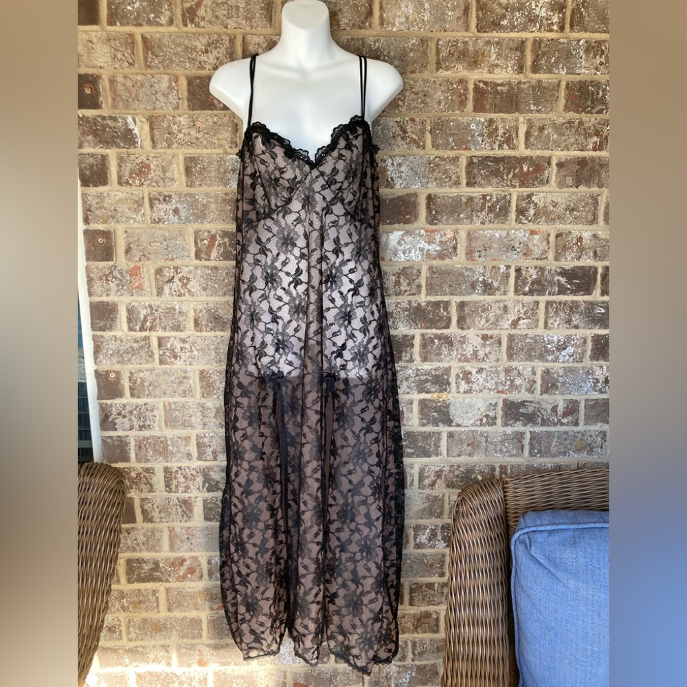 Fredricks of Hollywood Vintage maxi nightie negligee slip lace black size large